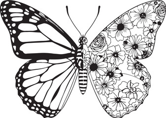 Floral Butterfly Black and White Illustration,
Half Butterfly Half Flowers Vector Art,
Decorative Butterfly with Floral Wing Design