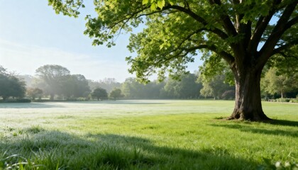 Green park field with large oak tree in sunlight
