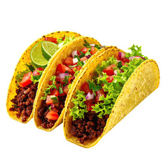 Three vibrant tacos with various fillings, including meat, tomatoes, and lettuce, against black