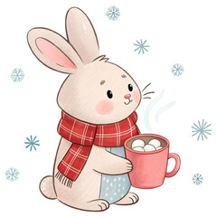 Cute bunny in a cozy scarf holds a warm mug with marshmallows in a snowy setting