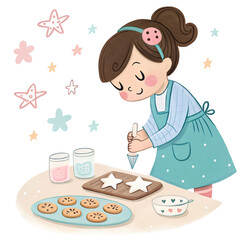 Young girl baking cookies and decorating stars in a cozy kitchen on a pleasant day