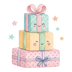 Colorful stacked gifts with cheerful faces celebrating a joyful occasion