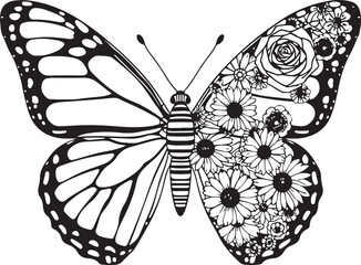 Floral Butterfly Black and White Illustration,
Half Butterfly Half Flowers Vector Art,
Decorative Butterfly with Floral Wing Design