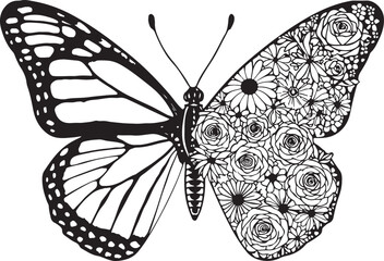 Floral Butterfly Black and White Illustration,
Half Butterfly Half Flowers Vector Art,
Decorative Butterfly with Floral Wing Design