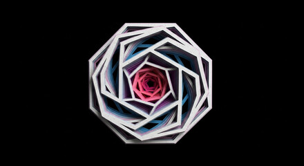 Abstract geometric fractal spiral vortex with vibrant colors and sharp white edges against a stark black background