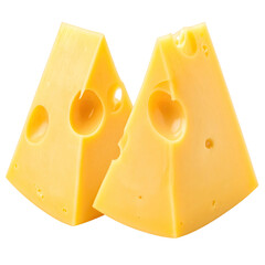 Two triangular slices of yellow cheese, with holes, isolated on a transparent background