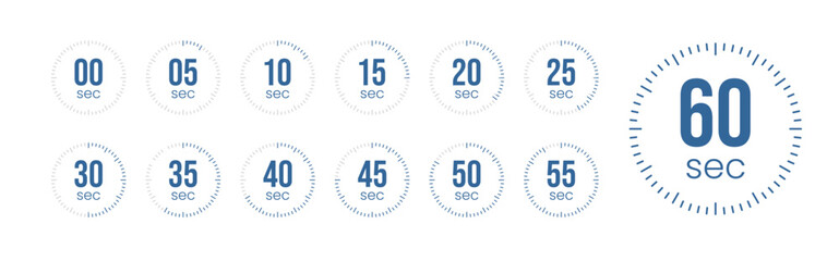 Blue Circular Timer Countdown Icon Set: 0 to 60 Seconds Digital Clock Dial UI/UX Vector. Second Timer, clock, stopwatch, Countdown timer, cooking time icon set. 0, 5, 10, 15, 20, 25, 30, 35, 40, 45, 5