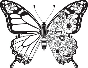Floral Butterfly Black and White Illustration,
Half Butterfly Half Flowers Vector Art,
Decorative Butterfly with Floral Wing Design