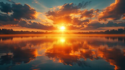 Fototapeta premium Golden Horizon: The radiant sun blazes through clouds above a serene lake, painting the sky with fiery hues and casting a perfect reflection