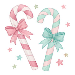Colorful candy canes with bows and stars create a festive holiday atmosphere in winter decorations