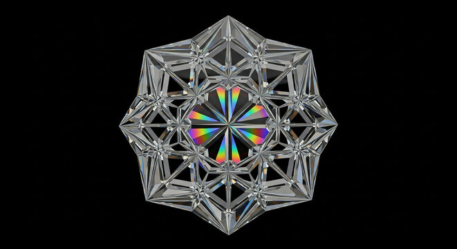 Intricate geometric crystal structure with vibrant rainbow spectrum refracted light at its core against a dark background