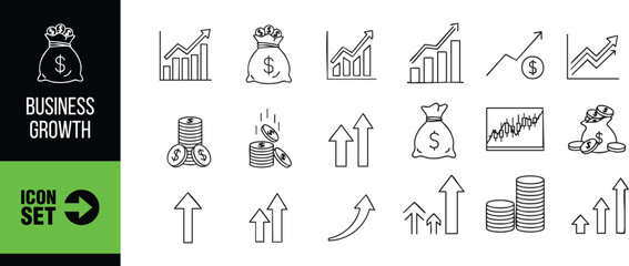 Business growth icon set, hand drawn doodle vector illustration