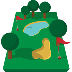 Green Golf Course Miniature With Trees Sand Trap Water Hazard and Red Flags Representing Holes in a Playful Cartoon Style