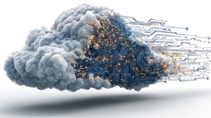 Cloud Technology: Representing the convergence of data processing and cloud storage through digital and technological advancement. Illustrating connectivity and technological growth.