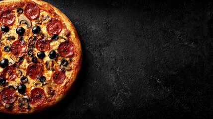 Pepperoni Pizza with Olives and Mushrooms on Black Background with Sparkling Elements