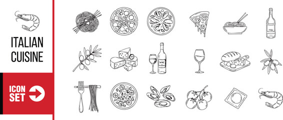 Hand drawn sketch italian cuisine icon set, notebook marker doodle elements