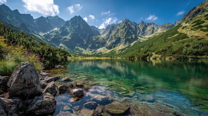 Scenic Mountain Lake Landscape with Clear Reflective Waters under Sunny Skies