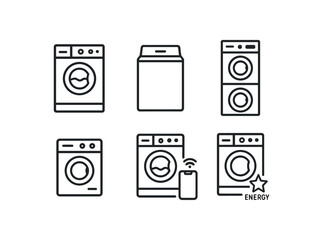 simple outline stroke icon isolated on white background front load washer top load washer stackable unit compact apartment size washer smart washer with app control energy rated washer
