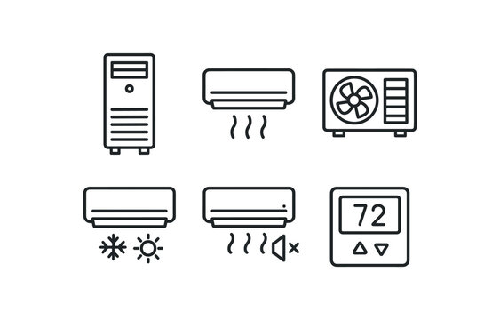 simple outline stroke icon isolated on white background floor standing AC ductless split system compact window model cooling + heating AC low noise bedroom AC digital thermostat unit