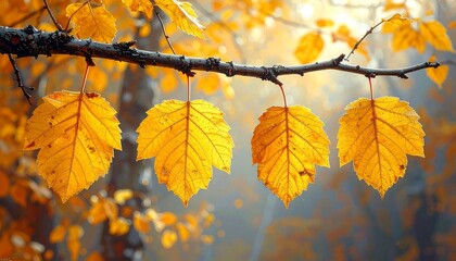 Fototapeta premium Autumn Branch with Four Yellow Leaves