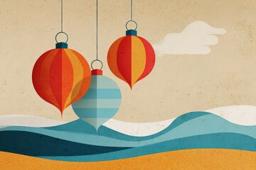Stylized Christmas Ornaments Hanging Over Abstract Landscape with Textured Background