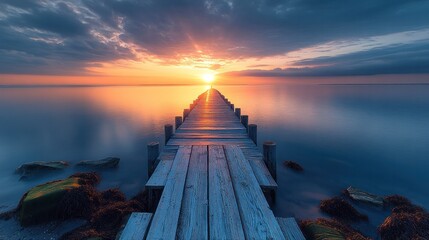 Pier to Serenity: A long wooden pier extends towards a breathtaking sunset over a tranquil ocean, offering a path to peace and contemplation.