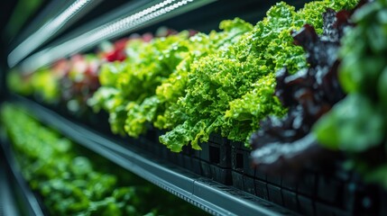 Fresh Lettuce Display: A captivating display of vibrant, crisp lettuce varieties, neatly arranged on illuminated shelves, showcasing the freshness and allure of nature's bounty.
