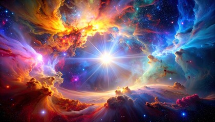 Colorful Nebula with Star Burst and Cosmic Dust in Dark Space