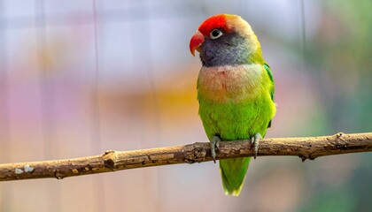 Colorful Plum Headed Finch Perched on a Tree Branch with Blurry Green and Pink Background