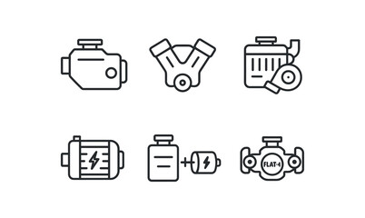 simple outline stroke icon isolated on white background inline 4 gasoline engine V6 petrol engine turbocharged diesel engine electric motor engine hybrid powertrain boxer flat 4 engine