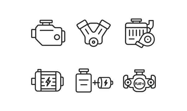 simple outline stroke icon isolated on white background inline 4 gasoline engine V6 petrol engine turbocharged diesel engine electric motor engine hybrid powertrain boxer flat 4 engine