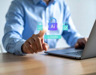Businessman using AI login technology with fingerprint authentication and cybersecurity interface. Concept of secure access, digital identity, and artificial intelligence protection system