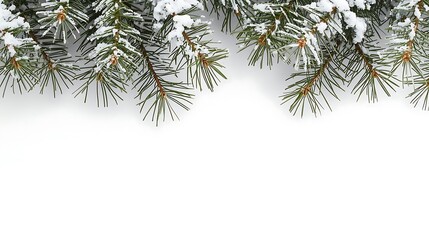 Snow covered pine branches with white background for copy space