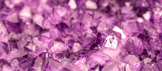 Amethyst purple crystals. Gems. Mineral crystals in the natural environment. Texture of precious...
