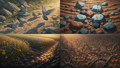 Biblical Parable of the Sower illustration depicting seeds on path, rocky ground, thorny soil, and good earth, symbolizing spiritual truth reception.