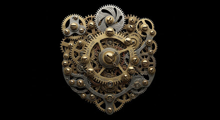 Intricate steampunk shield crafted from antique clock gears and mechanical components with a dark background