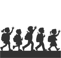 Three children are sitting and reading books in silhouette against a white background in a row image