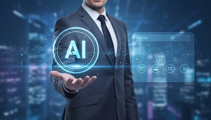 Businessman using AI prompt interface for generative artificial intelligence, prompt engineering, and digital automation concept