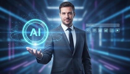 Businessman using AI prompt interface for generative artificial intelligence, prompt engineering, and digital automation concept