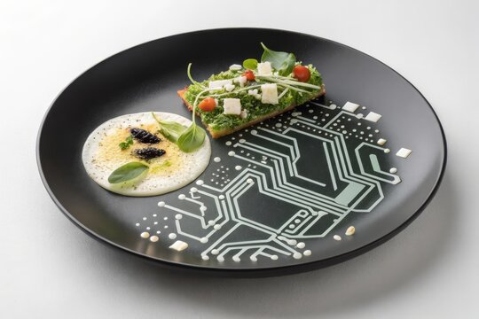 A gourmet dish with electronic circuit design on a black plate - Powered by Adobe