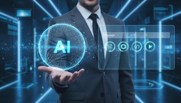 Businessman using AI prompt interface for generative artificial intelligence, prompt engineering, and digital automation concept