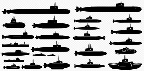A comprehensive collection of various submarine silhouettes, showcasing different designs, sizes, and types of underwater vessels.