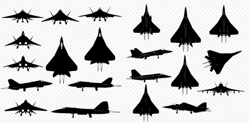 Fototapeta premium A collection of black silhouettes depicting various modern fighter jets and military aircraft from different angles against a transparent background.
