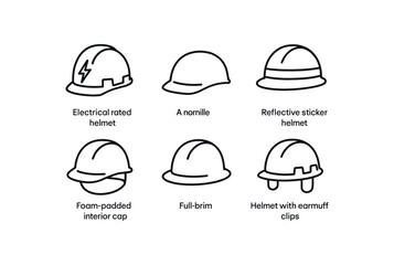 Fototapeta premium simple outline stroke icon isolated on white background electrical rated helmet low profile hard hat reflective sticker helmet foam padded interior cap full brim helmet helmet with earmuff