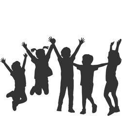 Three children are sitting and reading books in silhouette against a white background in a row image