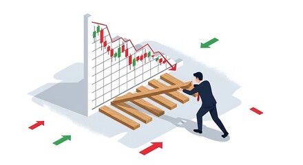 Isometric Support Collapsing Stock Market Graph Illustration