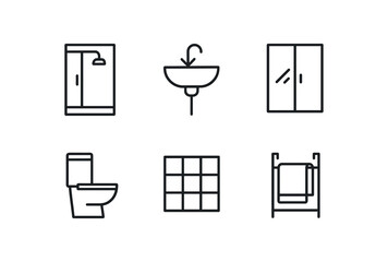 simple outline stroke icon isolated on white background compact shower stall mounted sink mirrored cabinet slim toilet tiled floor area towel rack over door
