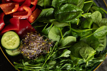 Bowl with fresh vegetables and greens &mdash; spinach, red bell pepper, cucumber, dill and sprouts. Healthy eating, vegetarian food, detox and fitness diet concept.