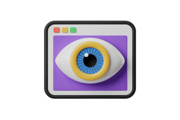 A 3D rendered icon showing an open eye with a blue iris inside a minimalist web browser window, representing visibility and viewing online content. background removed