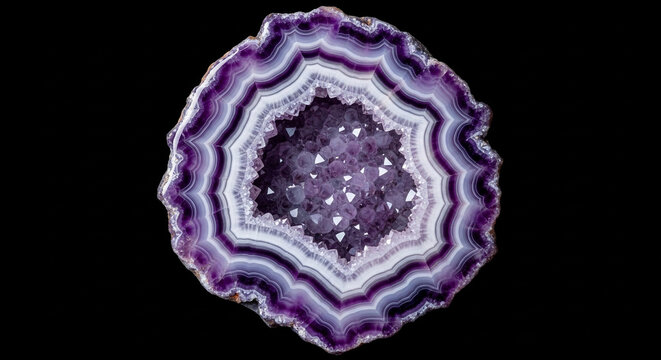 Close up of a sliced amethyst geode showing concentric purple and white crystal layers surrounding a sparkling druzy center against a black background
